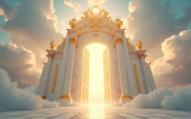 shimmering golden heaven gates in the sky, celestial archway, golden light, radiant clouds, divine b