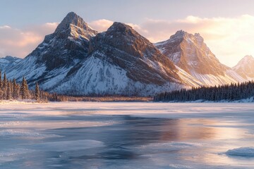 Wall Mural - Snow-covered mountains towering over a frozen lake, with the first light of sunrise casting a warm, golden glow on the ice and the surrounding winter landscape.