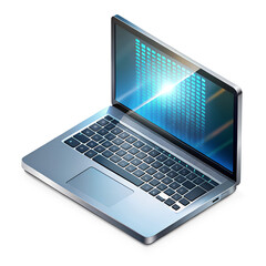 Laptop icon in isometric view, metallic silver, with glowing screen displaying code