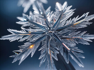 Close-Up Of Glowing Metallic Snowflake Against Blurred Blue Background