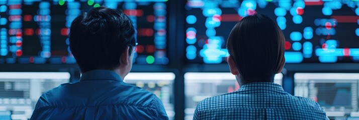 Two people analyzing data on multiple screens in a modern control room, focusing intently on complex graphs and statistics in a tech environment.