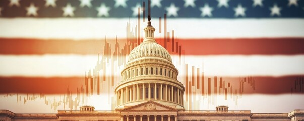 A stylized image of the U.S. Capitol building set against a backdrop of the American flag, symbolizing patriotism and governance.