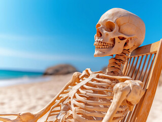 Skeleton reclining on a wooden chair at the beach, capturing a humorous twist on eternal relaxation. Bright, surreal beach scene.