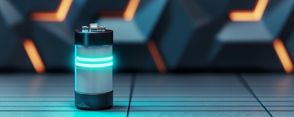 A futuristic battery with a glowing blue stripe stands on a modern surface, against a geometric background, emphasizing technology and energy.