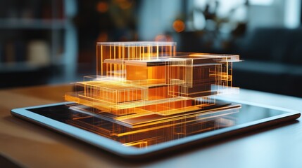 Poster - Holographic architectural model projected from a digital tablet, illustrating the future of design with cutting-edge technology