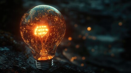 Fototapete - Illuminating idea concept with a light bulb glowing from within, displaying intricate circuit patterns against a dark backdrop.