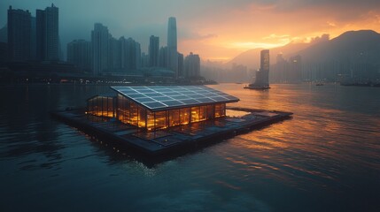 Poster - A serene floating pavilion illuminated by warm lights sits on the water, framed by a stunning urban skyline as the sun sets behind the mountains.