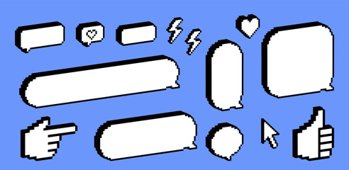 Poster - 3d dialogue box. Pixel empty speech bubbles. Y2k trendy stickers for collage, poster. Modern shape for chat, text message, dialog, conversation frame. Retro style, icons. Futuristic 3d vector elements