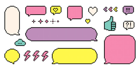 Poster - pixel dialogue box. empty speech bubbles set in pixel art. y2k bright shape for chat, text message, 
