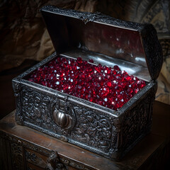 Wall Mural - A metal treasure chest filled with rubies on the indoor table 