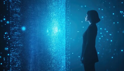 Poster - Woman Silhouetted Against a Wall of Glowing Blue Dots