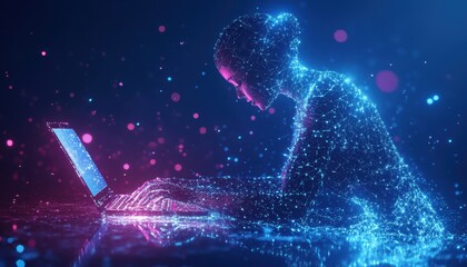 Poster - A Digital Representation of a Person Using a Laptop in a Glowing Blue and Pink Setting