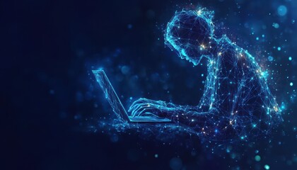 Poster - A Digital Person Working on a Laptop with Blue Glowing Lines