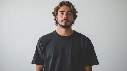 Poster - A man with a beard and a black shirt is standing in front of a white wall