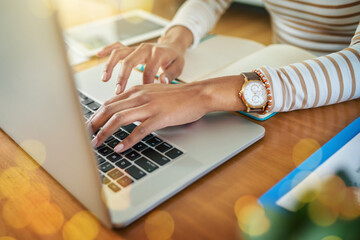 Poster - Keyboard, hands and typing with laptop, notebook and remote work as copywriter in home office. Female person, technology and research for project as digital nomad for web agency in apartment or house