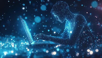 Poster - A Digital Silhouette of a Person Using a Laptop in a Blue, Glittering Environment