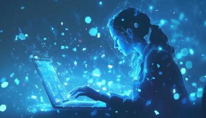 Poster - A Digital Woman Coding on a Laptop in a Blue, Glittering World