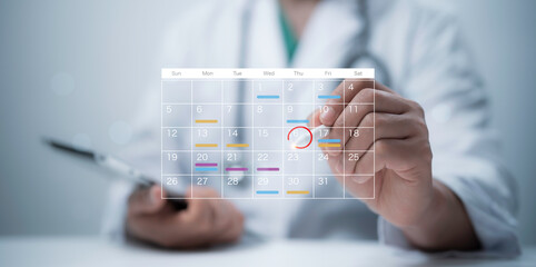 Medical worker touch virtual digital calendar on tablet for plan treatment patient and follow up in hospital. Calendar agenda appointment meeting schedule concept.Planning Organizer, Time management