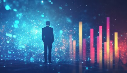 Poster - Silhouette of a Man Standing Before a Background of Abstract Data and Bars