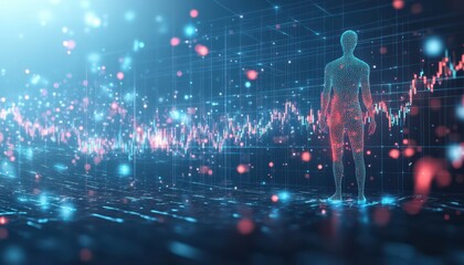 Poster - Digital Human Figure Standing in a Network of Lines and Data
