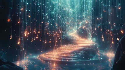 Poster - digital representation of a music note surrounded by swirling quantum waves and energy,