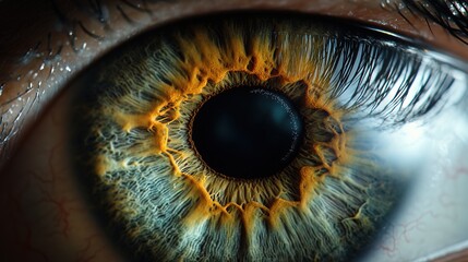 A detailed closeup of a human eye, showcasing the iris and pupil, with superimposed circular graphical elements symbolizing vision analysis or ophthalmology diagnostic technology 