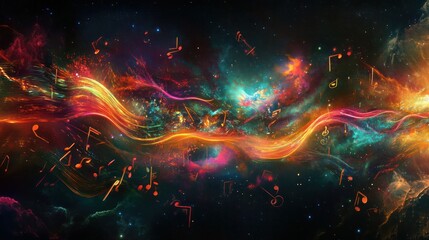 Poster - vibrant and futuristic depiction of musical notes flowing through a quantum landscape