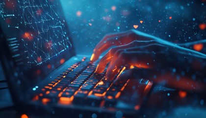 Poster - Hands Typing on a Laptop Keyboard with Glowing Lights and Heart Shapes