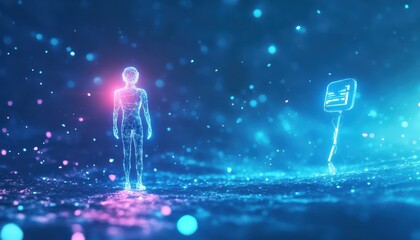 Poster - Wireframe Human Figure Walking Towards a Digital Interface in a Glittering Digital World