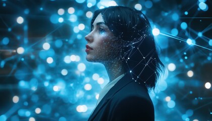 Aufkleber - A woman with a network of connections over her face