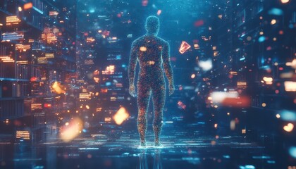 Poster - A Digital Human Figure Standing in a Futuristic Cyber-Space Environment