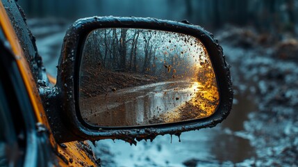 Poster - A rain-soaked side mirror captures the shimmering sunset along a muddy trail, framed by bare trees and the wet earth. The scene suggests an adventurous journey through nature.