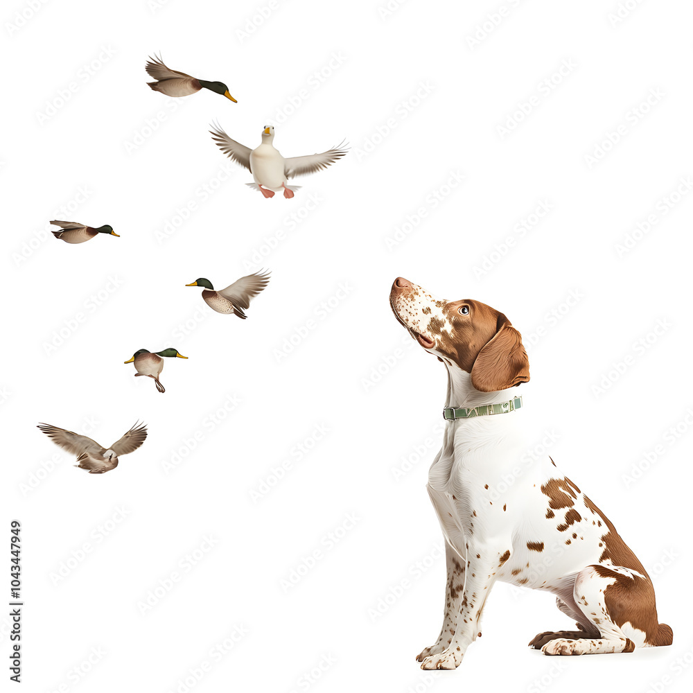 GSP dog pointing. ducks flying. white background Stock Photo | Adobe Stock