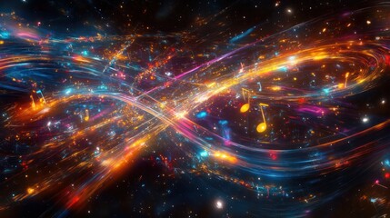 Poster - An abstract visualization of vibrant quantum music notes swirling in a cosmic space,