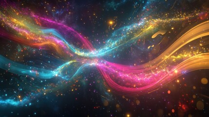 Poster - An abstract visualization of vibrant quantum music notes swirling in a cosmic space,
