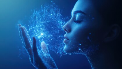Aufkleber - A Woman's Hand Reaching Towards a Glowing Blue Network of Dots and Lines