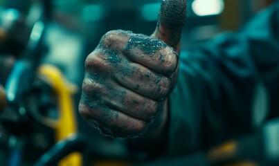 A hand covered in oil gives a thumbs up.