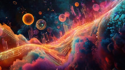 Poster - digital representation of a music note surrounded by swirling quantum waves and energy,