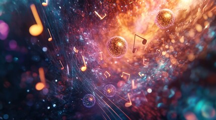 Poster - digital representation of a music note surrounded by swirling quantum waves and energy,