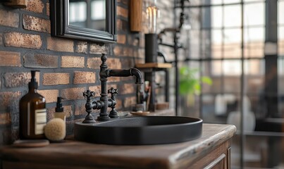 Black faucet and sink in rustic bathroom.