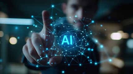 Ai technology, Artificial Intelligence. man using technology smart robot AI, artificial intelligence by enter command prompt for generates something, Futuristic technology transformation. Chat with AI