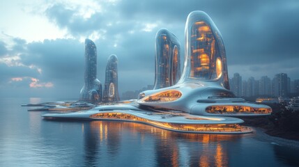 Aufkleber - The image captures a stunning waterfront view of futuristic architecture during dusk. Brightly lit structures shape the skyline, embodying modern design.