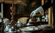 Gloved hand ringing a bell on a table setting.