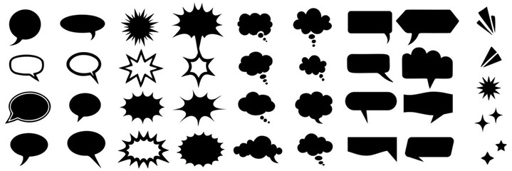 Black speech bubbles shapes. Set of comic speech bubble label set. black callout silhouette