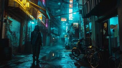 Futuristic bounty hunter in a cyberpunk alleyway