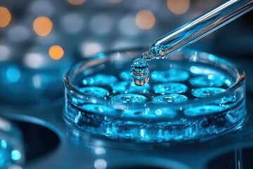 Poster - Close-up of a pipette delivering a droplet into a blue solution in a laboratory setting