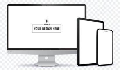 Poster - Desktop Computer, Tablet PC and Mobile Phone Screen Perspective View Mockup. Digital devices template vector illustration with transparent background.