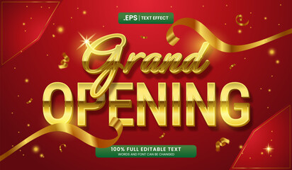 Wall Mural - gold grand opening text effect with ribbons and confetti on red background. editable 3d text effect 