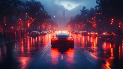Poster - A sleek sports car cruises down a rain-soaked city street, illuminated by glowing orange lights. Surrounding vehicles add to the vibrant urban atmosphere on a busy night.