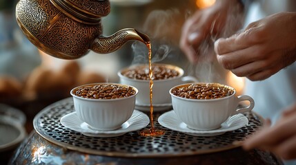 Traditional Turkish Tea Ceremony:  Aromatic steam rises from three elegant teacups as a golden teapot pours rich brew. Hands delicately add sugar, creating a moment of warmth and tradition. 